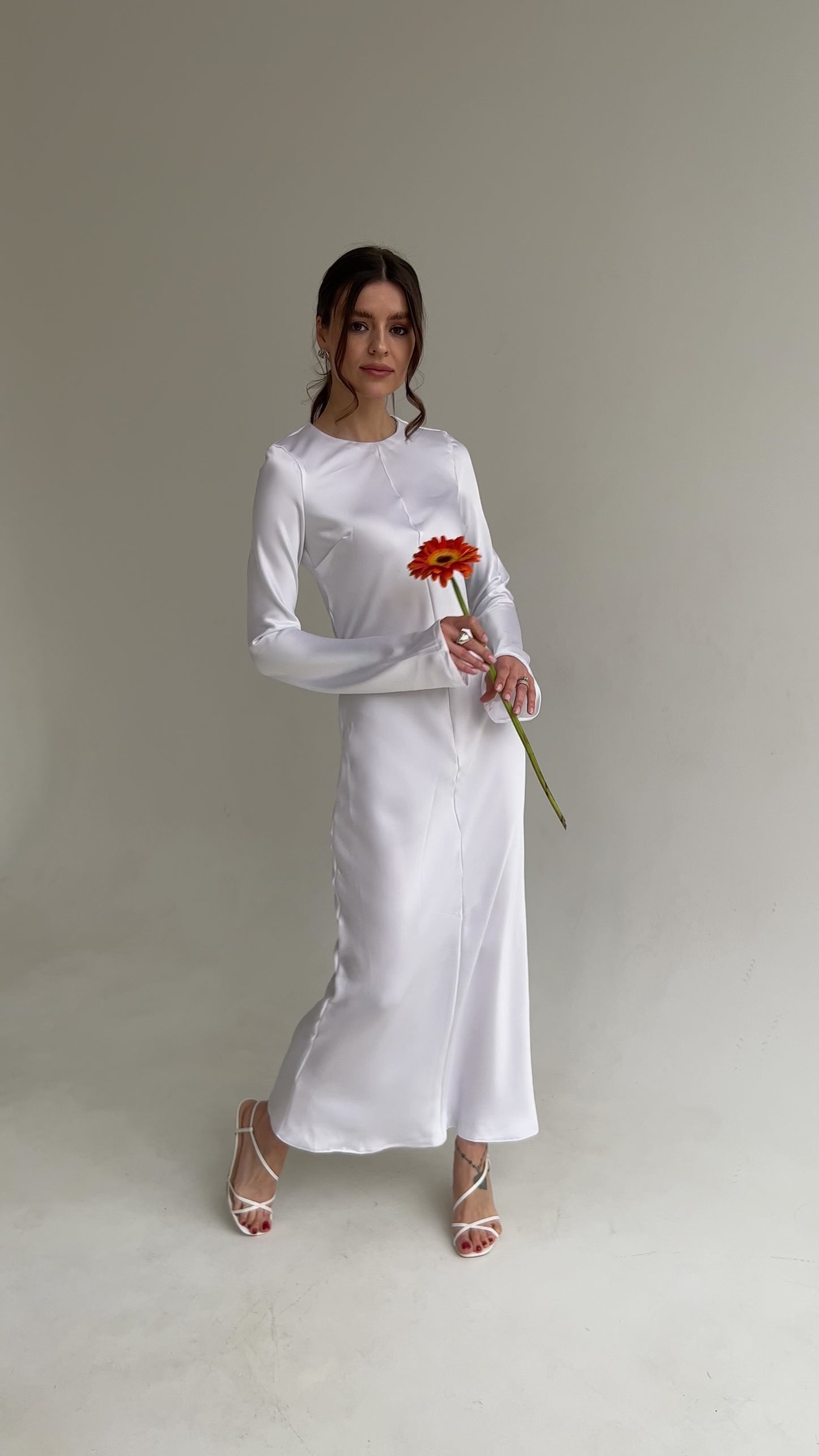 Reception midi satin dress with sleeves